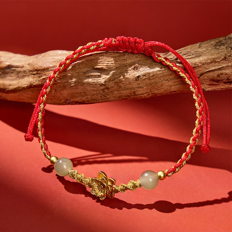 FuAttract Handmade Braided Cord Red String Bracelet with Lotus Charm & Hetian Jade Beads - image 1