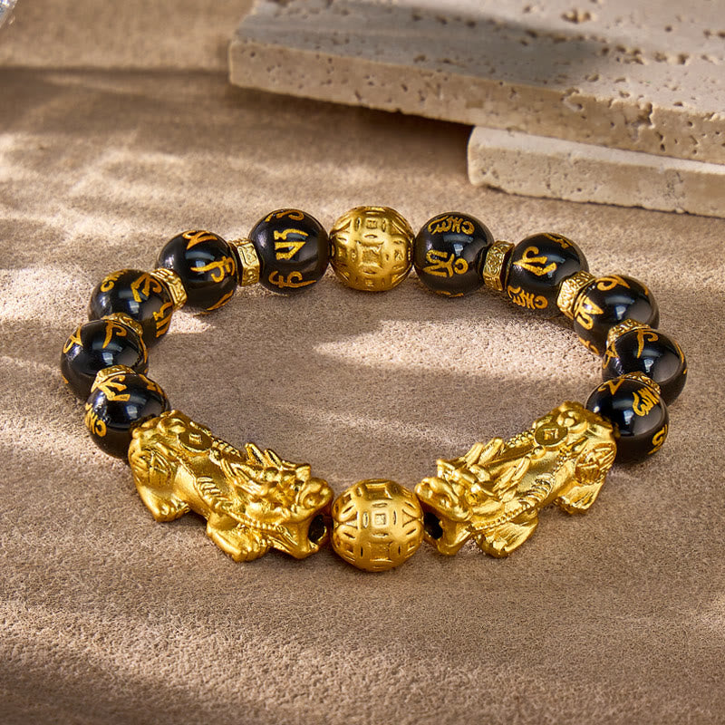 FuAttract Fortune & Shield – Black Onyx Om Mani Mantra Pixiu Bracelet - image 1
