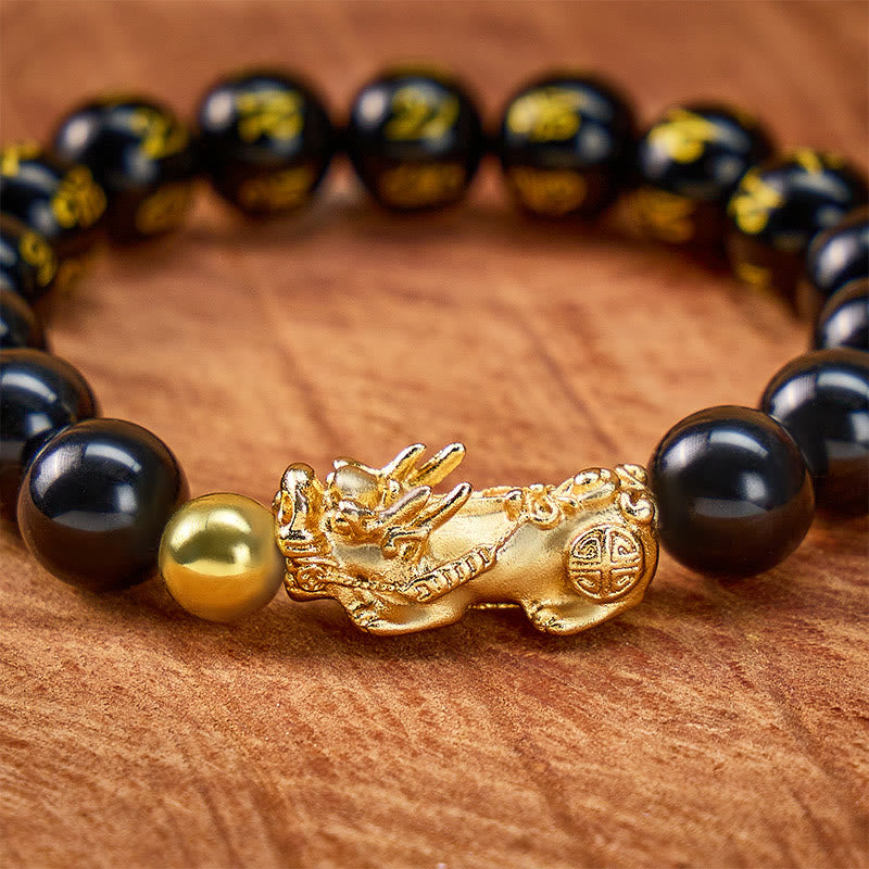 FuAttract Fortune Shield – Black Obsidian Om Mani Mantra Pixiu Bracelet - image 4