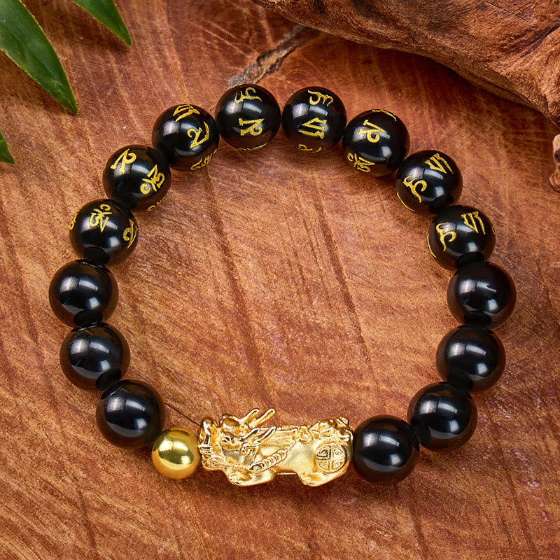 FuAttract Fortune Shield – Black Obsidian Om Mani Mantra Pixiu Bracelet - image 2