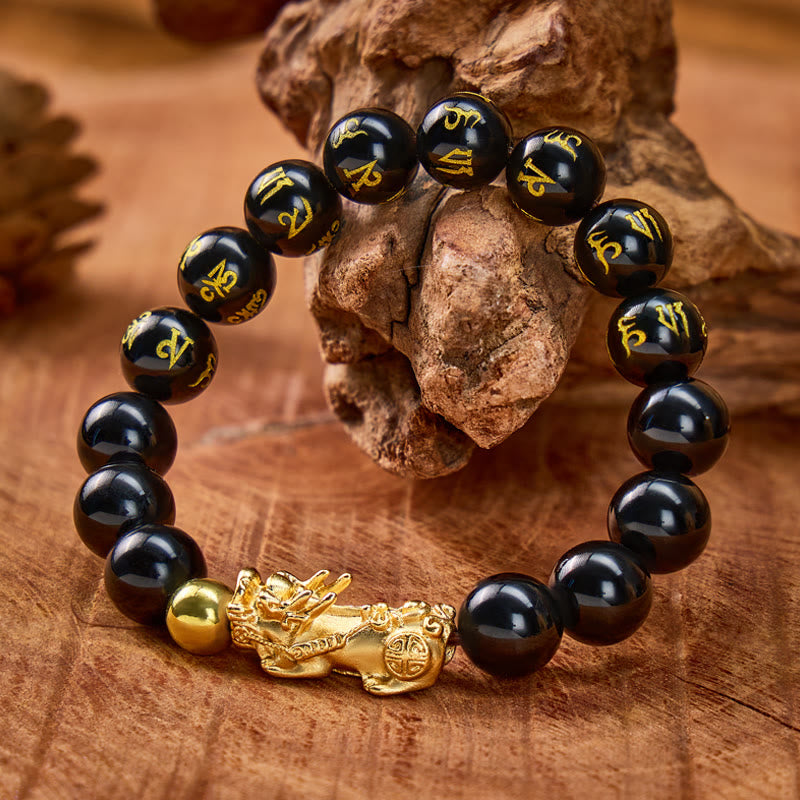 FuAttract Fortune Shield – Black Obsidian Om Mani Mantra Pixiu Bracelet - image 1
