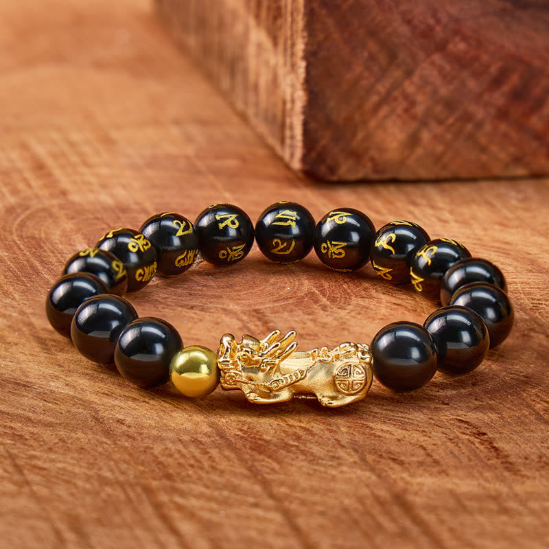 FuAttract Fortune Shield – Black Obsidian Om Mani Mantra Pixiu Bracelet - 10mm - image 0