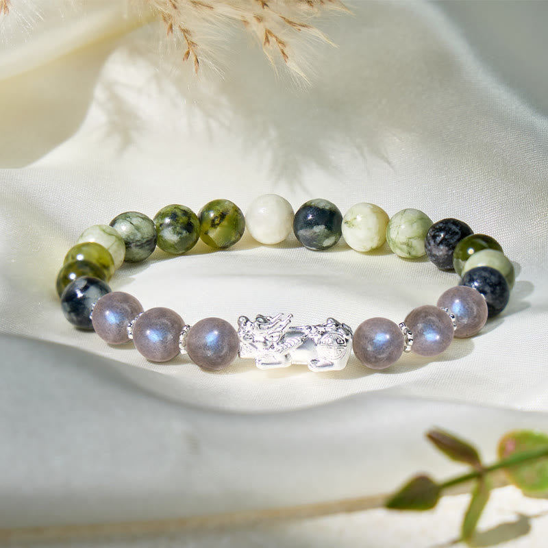 FuAttract Prosperity Shield – Green Porcelain Jade & Moonstone Beads Pixiu Bracelet - image 2