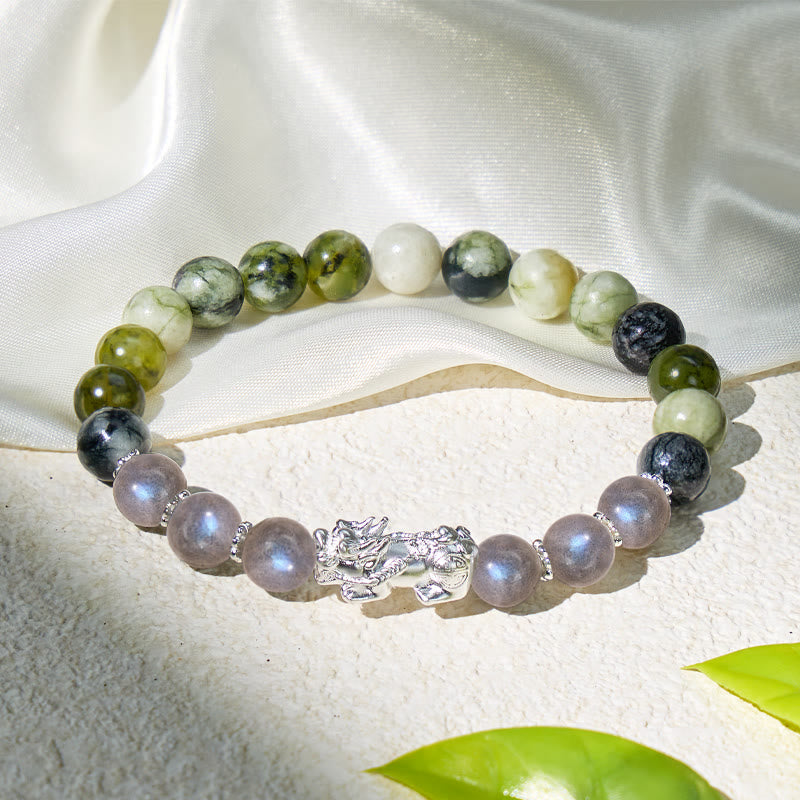 FuAttract Prosperity Shield – Green Porcelain Jade & Moonstone Beads Pixiu Bracelet - 8mm - image 0