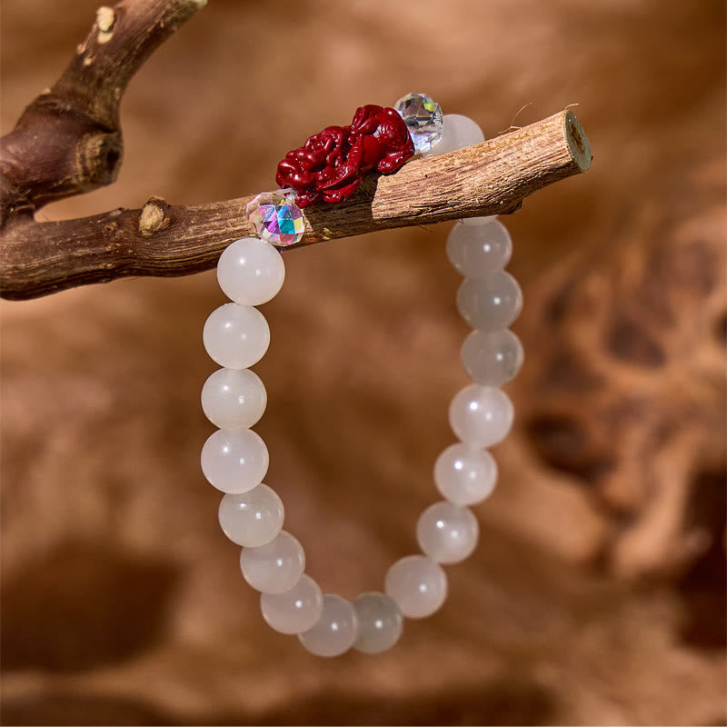 FuAttract Calm Protection – White Jade & Cinnabar Pixiu Bracelet - 10mm - image 0
