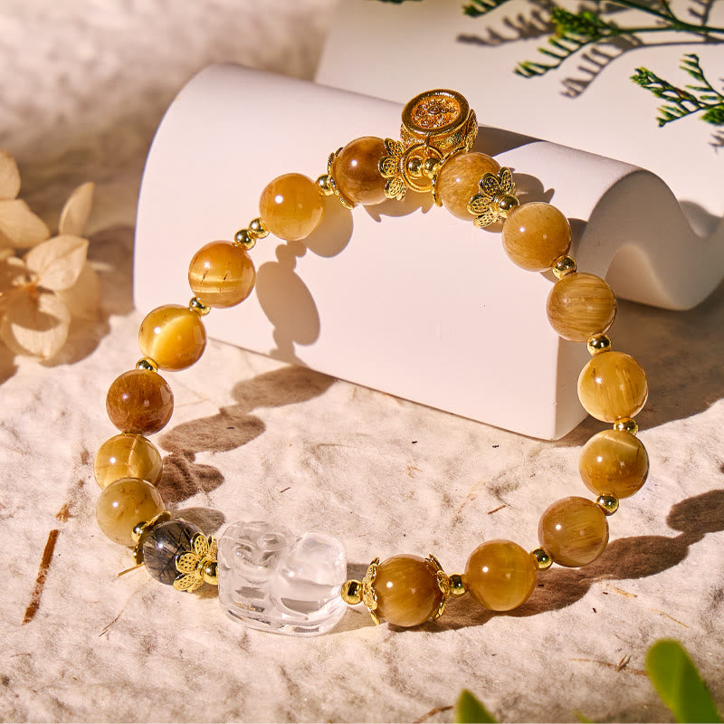 FuAttract Power Focus Balance – Golden Tiger Eye Bracelet with Clear Quartz Pixiu - 10mm - image 0