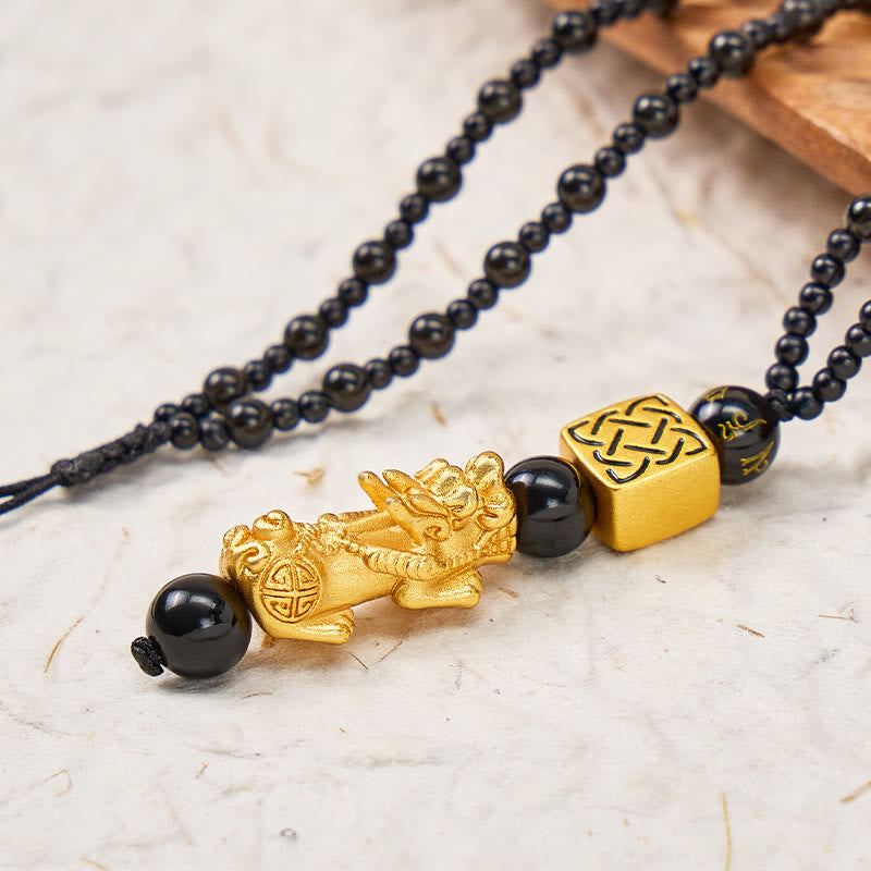 FuAttract Pixiu Wealth Protection Knot Om Mani Padme Hum Black Obsidian Beaded Necklace - image 5