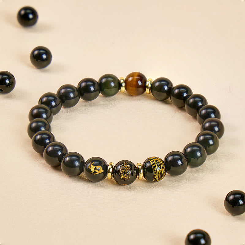FuAttract Protective Energy Shield Rainbow Eye Obsidian Chinese Zodiac Beaded Bracelet - Rabbit - 12mm - image 12