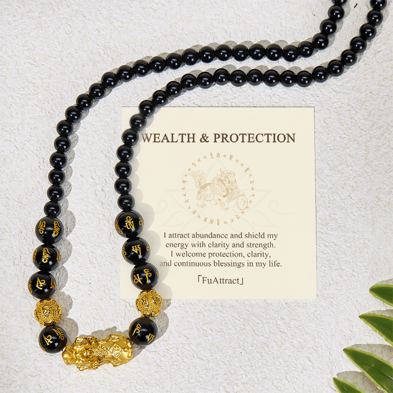 FuAttract Wealth Om Mani Mantra Obsidian Pixiu Protection Necklace - Black Obsidian - image 0