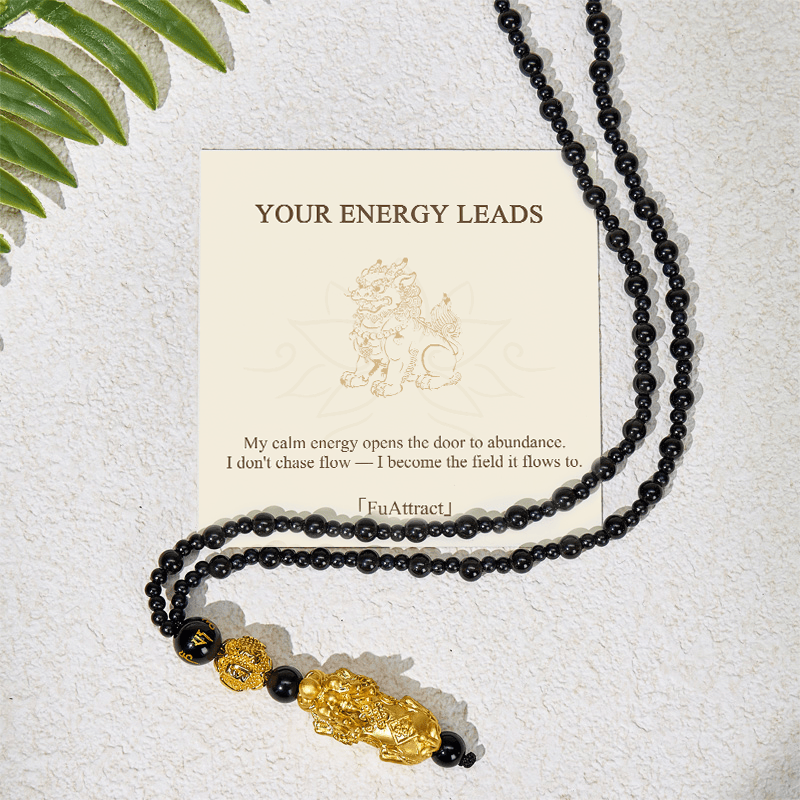 FuAttract Abundance Flow & Grounding Energy Black Obsidian Mantra Charm Necklace - Pixiu - image 0