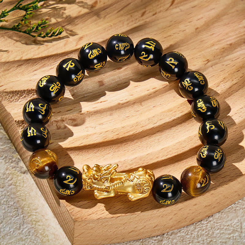 FuAttract Wealth & Protection Amulet Natural Obsidian Tiger Eye Confidence Pixiu Bracelet - 12mm - image 0