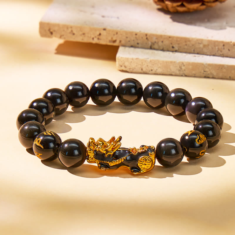 FuAttract Attract Success & Safeguard Energy Black Obsidian Mantra Stone Pixiu Bracelet - image 1