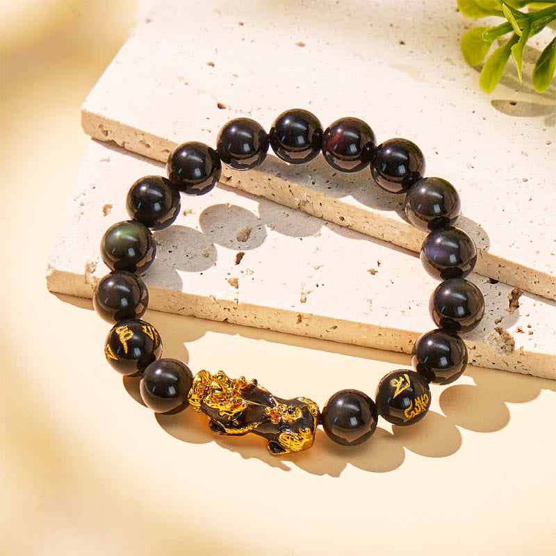 FuAttract Attract Success & Safeguard Energy Black Obsidian Mantra Stone Pixiu Bracelet - 10mm - image 0