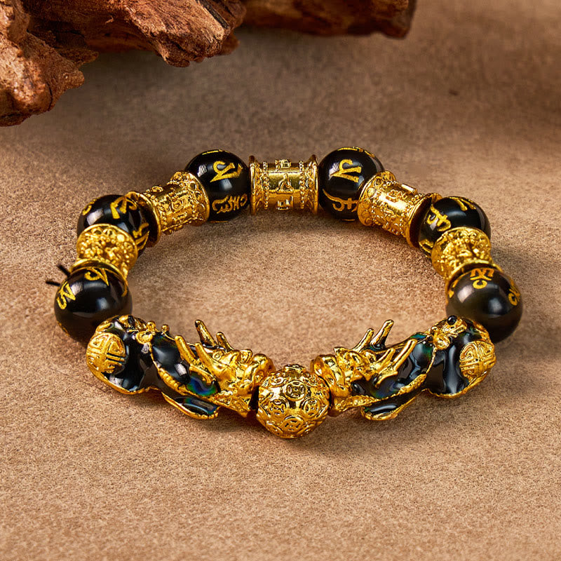 FuAttract Wealth & Protection Double Pixiu Black Obsidian Mani Mantra Bracelet - 12mm - image 6