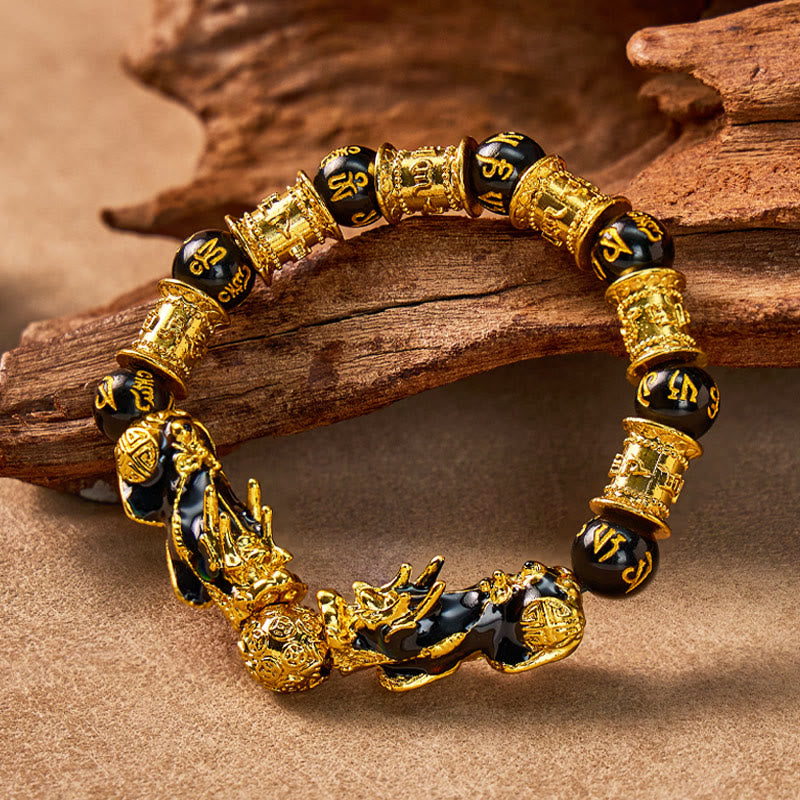 FuAttract Wealth & Protection Double Pixiu Black Obsidian Mani Mantra Bracelet - image 1