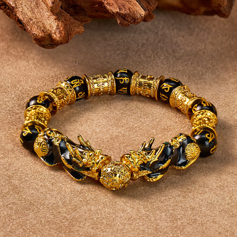 FuAttract Wealth & Protection Double Pixiu Black Obsidian Mani Mantra Bracelet - 10mm - image 0