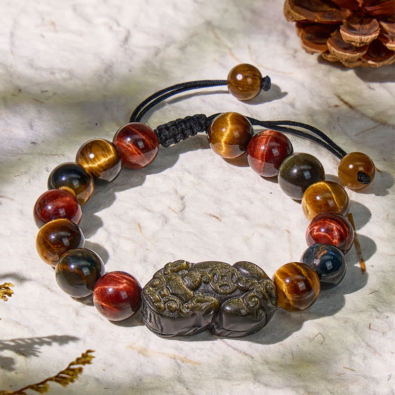 FuAttract Triforce Guardian- Tri-Color Tiger's Eye Power Pixiu Bracelet - Cord Balance - 10mm - image 17