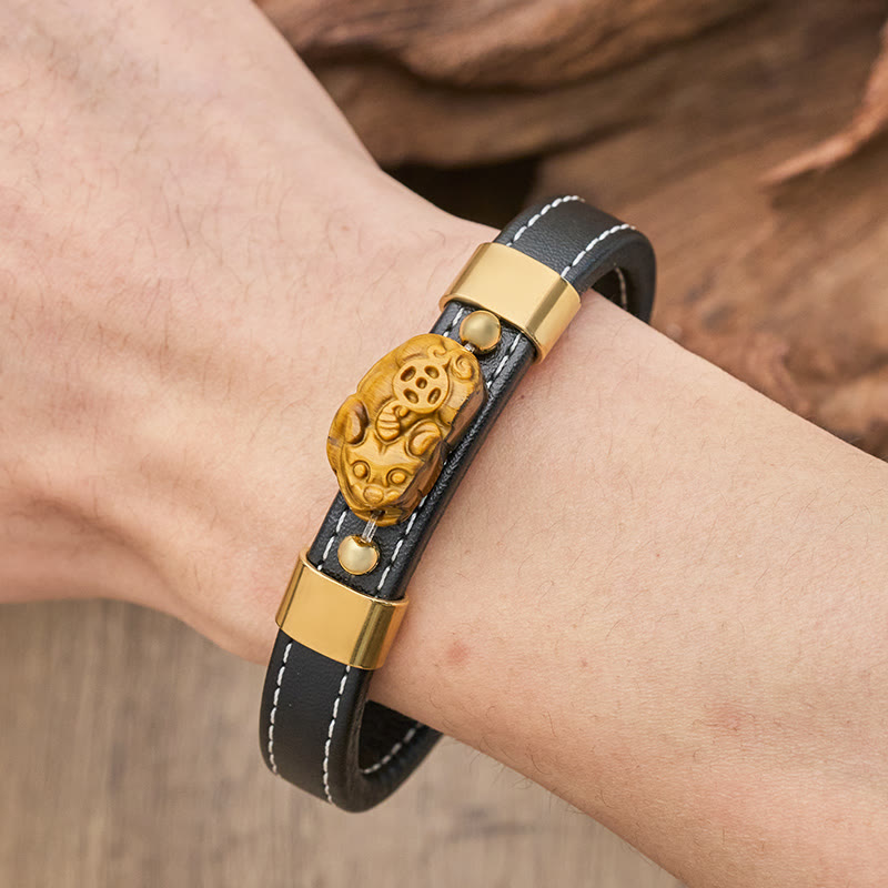 FuAttract Wealth & Protection Leather Pixiu Bracelet with Tiger's Eye Jade & Obsidian - image 3