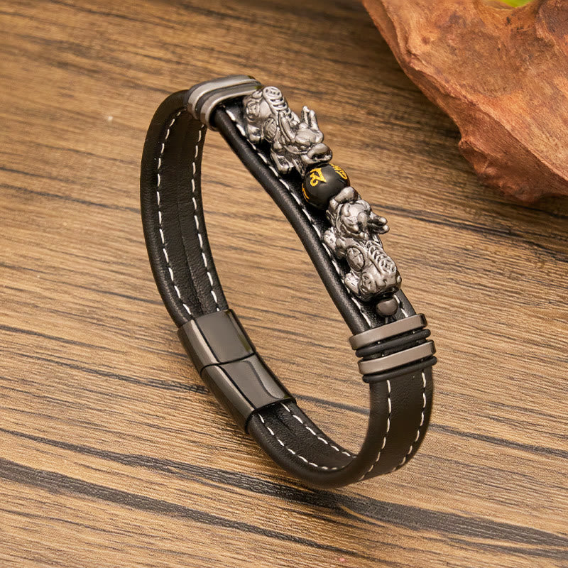 FuAttract Abundance & Power: Modern Double Pixiu Leather Bracelet with Mantra Bead - image 9