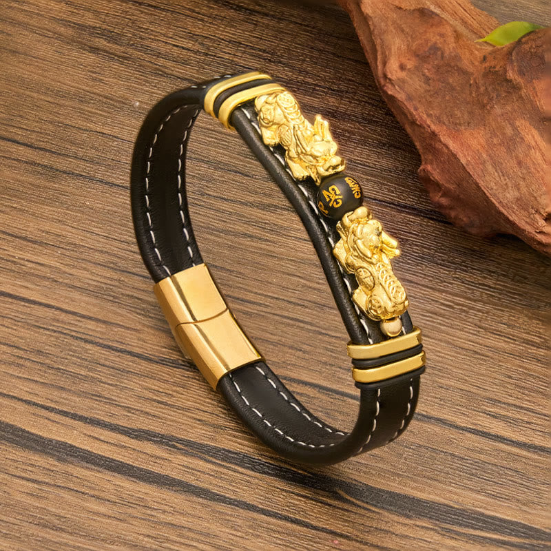FuAttract Abundance & Power: Modern Double Pixiu Leather Bracelet with Mantra Bead - image 2