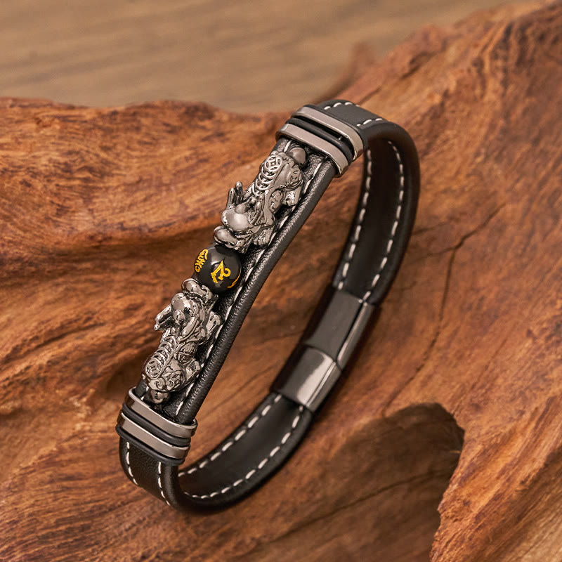 FuAttract Abundance & Power: Modern Double Pixiu Leather Bracelet with Mantra Bead - Black - 23cm - image 8