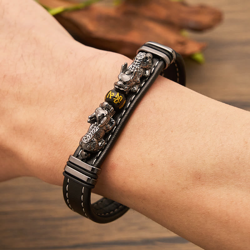 FuAttract Abundance & Power: Modern Double Pixiu Leather Bracelet with Mantra Bead - image 10