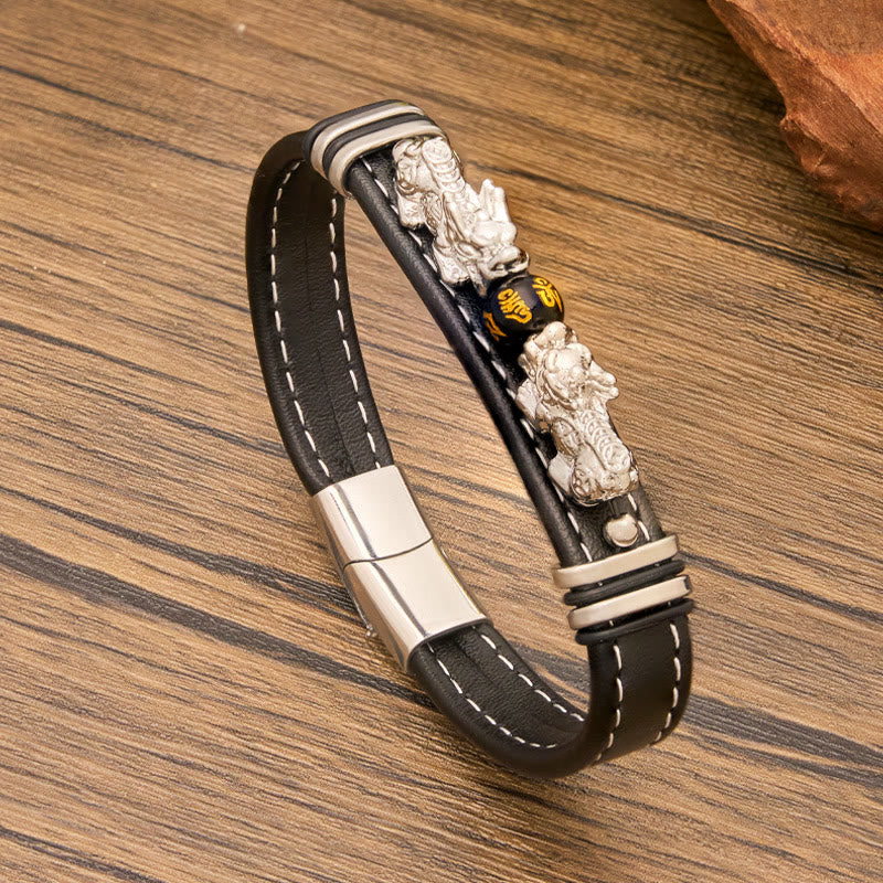 FuAttract Abundance & Power: Modern Double Pixiu Leather Bracelet with Mantra Bead - image 5