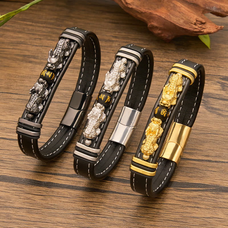 FuAttract Abundance & Power: Modern Double Pixiu Leather Bracelet with Mantra Bead - image 0
