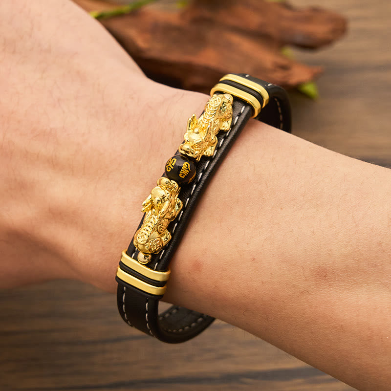 FuAttract Abundance & Power: Modern Double Pixiu Leather Bracelet with Mantra Bead - image 2