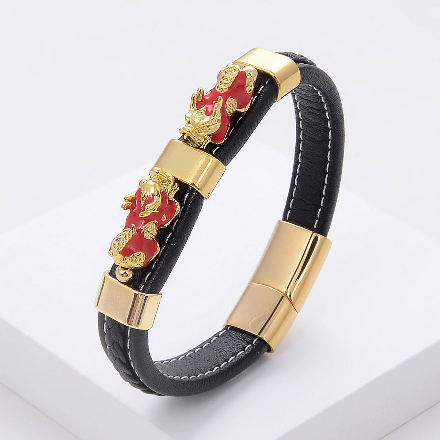 FuAttract Success & Protection Double Pixiu on Black Leather Bracelet - Red - 23cm - image 23