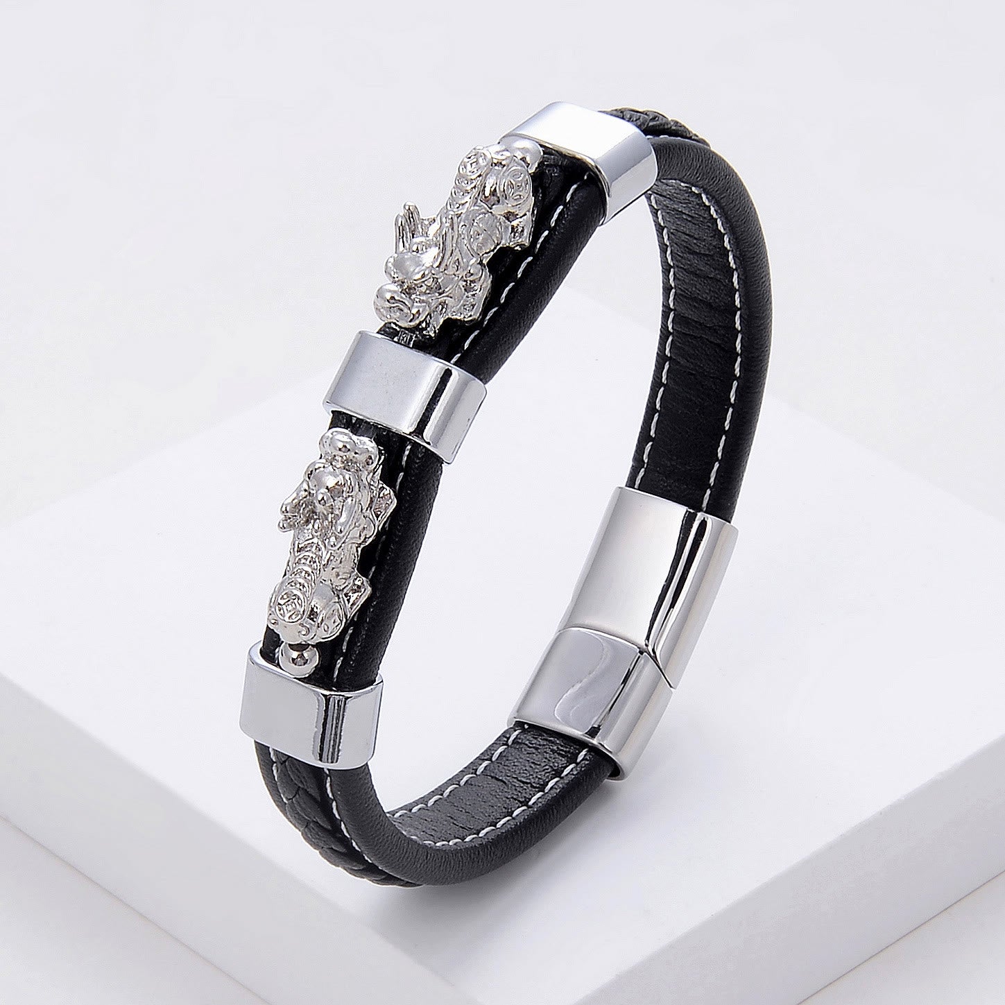FREE Today: Success & Protection Double Pixiu on Black Leather Bracelet - Silver - 23cm - image 25