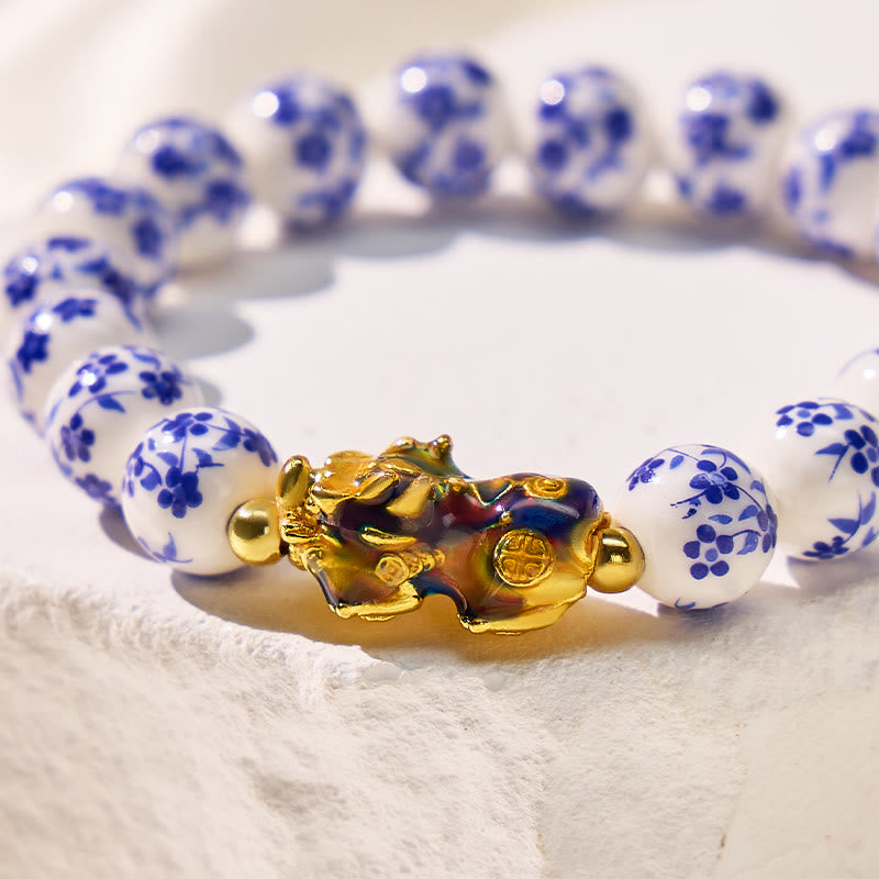 FuAttract Blue Porcelain Floral Beaded Elegance & Protection Color-Changing Pixiu Bracelet - image 4