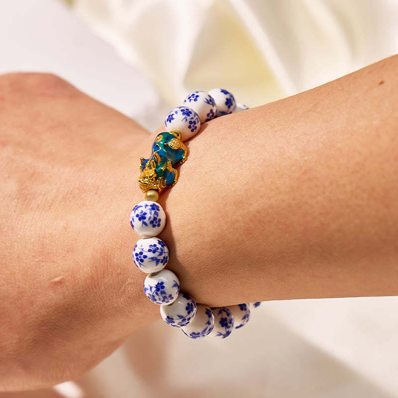 FuAttract Blue Porcelain Floral Beaded Elegance & Protection Color-Changing Pixiu Bracelet - image 3