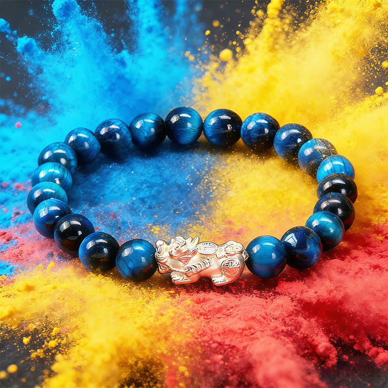 FuAttract Protection Prosperity Energy Blue Tiger Eye Silver Pixiu Bracelet - 8mm - image 0