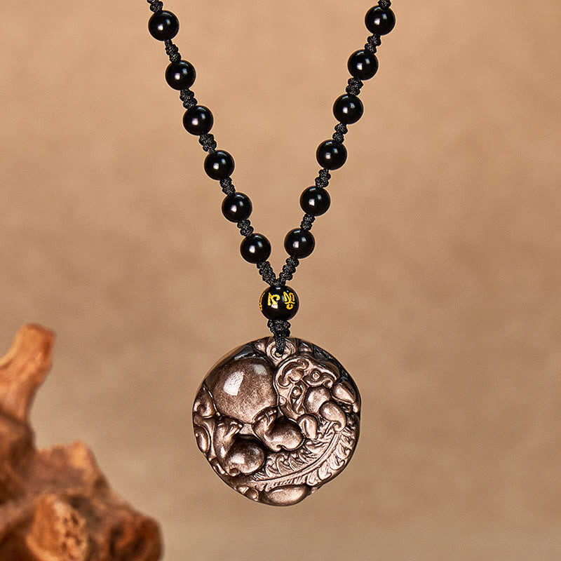 FuAttract Inner Strength & Protection - Silver & Black Obsidian Bead Necklace - Silver - image 0