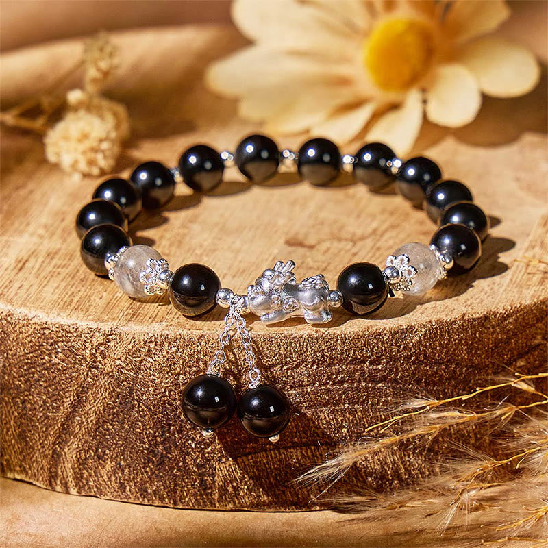 FuAttract Prosperity Fortune Energy Black Obsidian Cat's Eye Pixiu Bracelet  - Black Obsidian+Moonstone - image 0