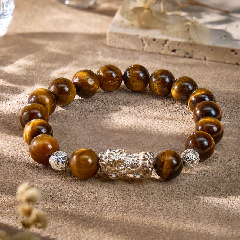 FuAttract Courage Protection – Black Obsidian Tiger's Eye Malachite S999 Silver Pixiu Bracelet - Tiger's Eye - image 7
