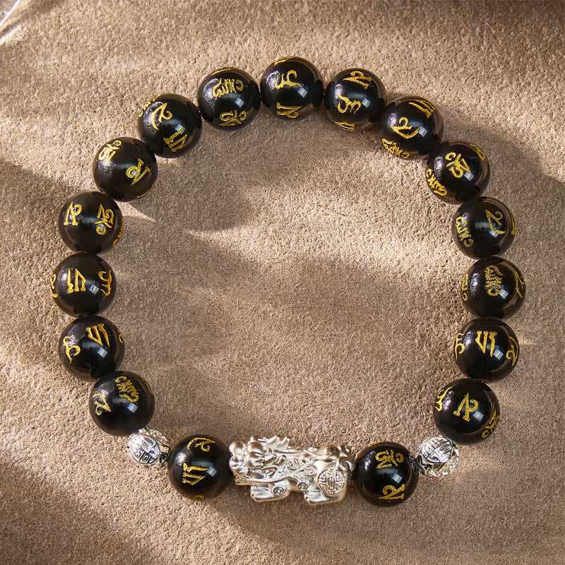 FuAttract Courage Protection – Black Obsidian Tiger's Eye Malachite S999 Silver Pixiu Bracelet - image 1