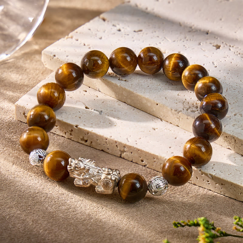 FuAttract Courage Protection – Black Obsidian Tiger's Eye Malachite S999 Silver Pixiu Bracelet - image 9
