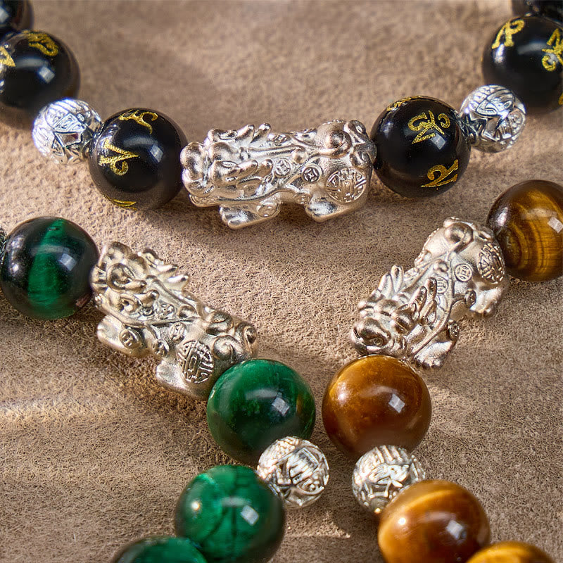 FuAttract Courage Protection – Black Obsidian Tiger's Eye Malachite S999 Silver Pixiu Bracelet - image 10