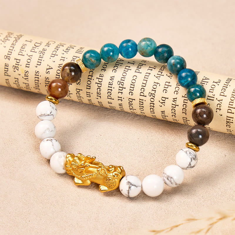 FuAttract Protection Wealth Balance White Turquoise Apatite Petrified Wood Pixiu Bracelet - image 2