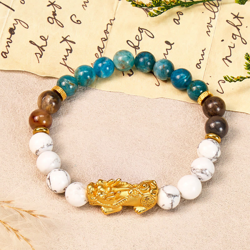 FuAttract Protection Wealth Balance White Turquoise Apatite Petrified Wood Pixiu Bracelet - image 1