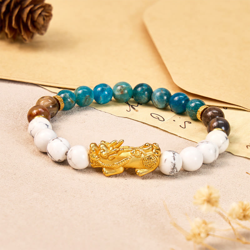FuAttract Protection Wealth Balance White Turquoise Apatite Petrified Wood Pixiu Bracelet - 8mm - image 0