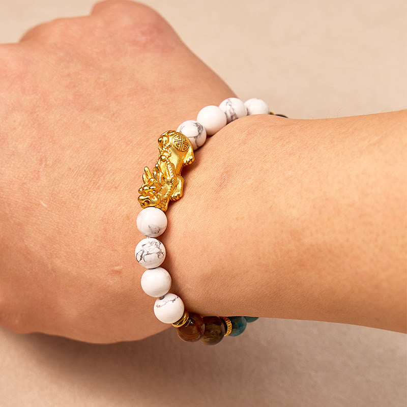 FuAttract Protection Wealth Balance White Turquoise Apatite Petrified Wood Pixiu Bracelet - image 3