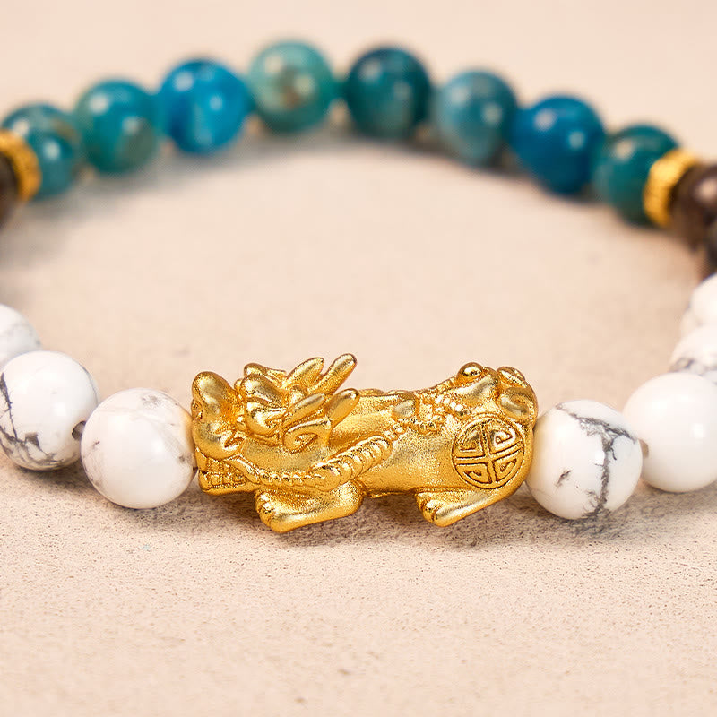 FuAttract Protection Wealth Balance White Turquoise Apatite Petrified Wood Pixiu Bracelet - image 4