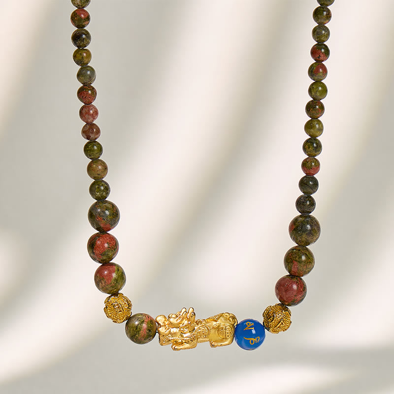 FuAttract Wealth Om Mani Mantra Obsidian Pixiu Protection Necklace - Unakite & Lapis Lazuli - image 12