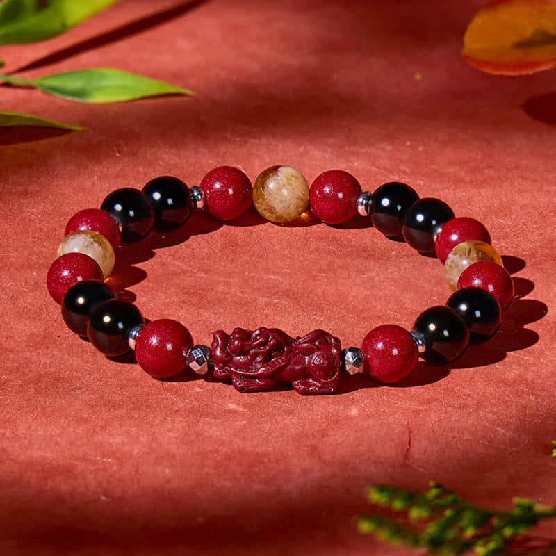 FuAttract Focus Strength & Prosperity – Cinnabar Black Obsidian Citrine Pyramid Pixiu Bracelet - 8mm - image 0