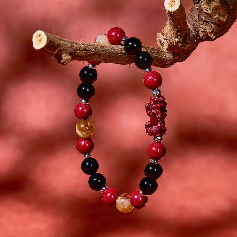 FuAttract Focus Strength & Prosperity – Cinnabar Black Obsidian Citrine Pyramid Pixiu Bracelet - image 3