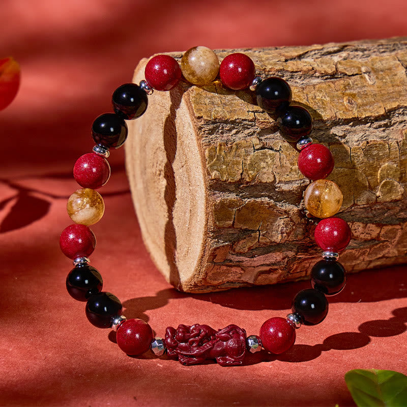 FuAttract Focus Strength & Prosperity – Cinnabar Black Obsidian Citrine Pyramid Pixiu Bracelet - image 2