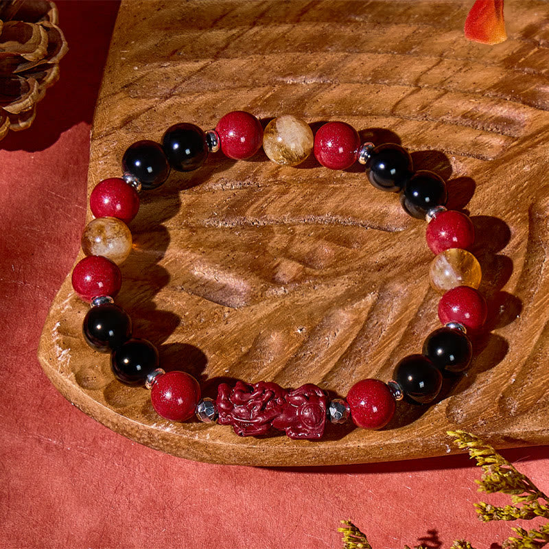 FuAttract Focus Strength & Prosperity – Cinnabar Black Obsidian Citrine Pyramid Pixiu Bracelet - image 1